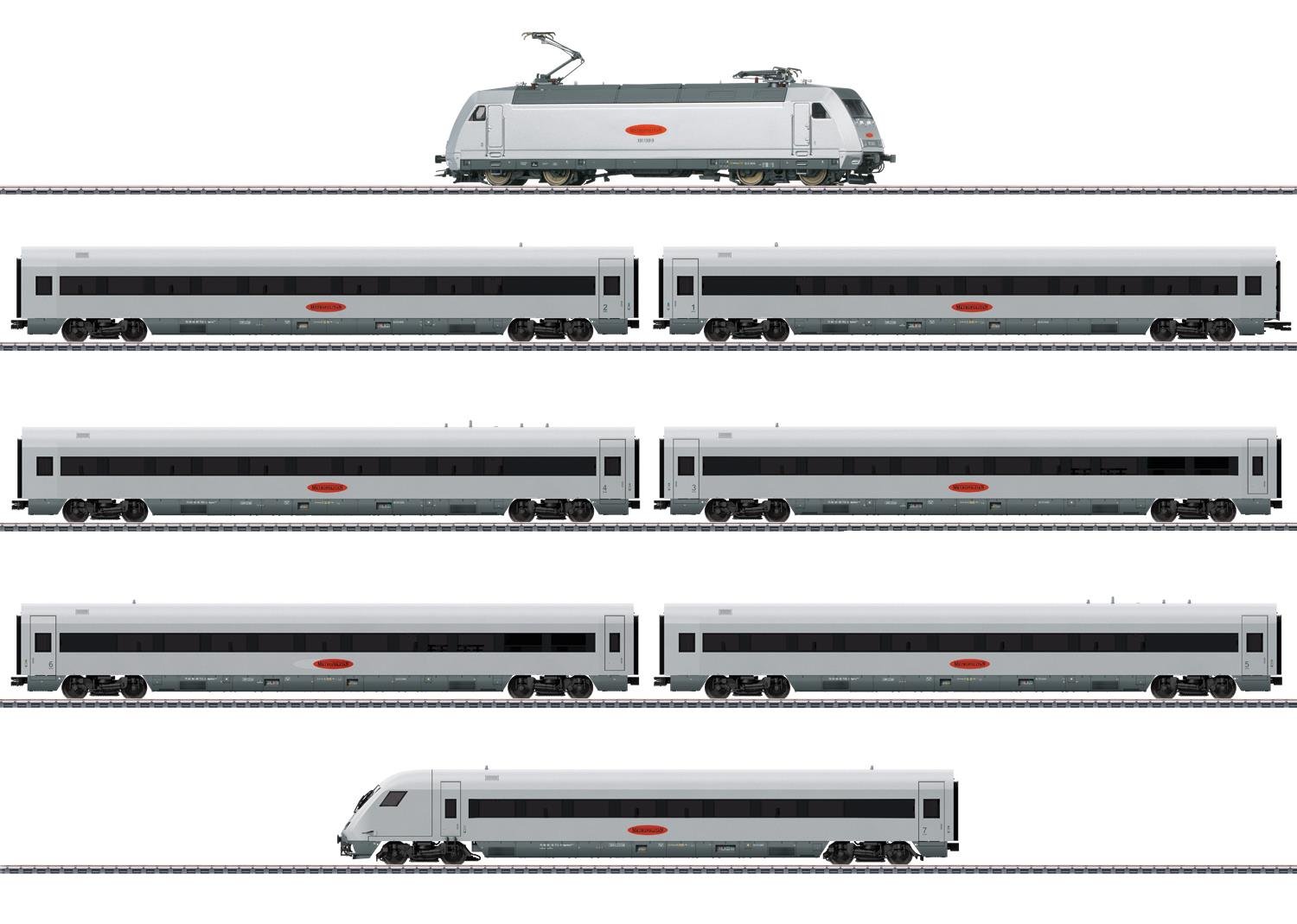 Confezione Märklin 26931: locomotiva Gruppo 101 e sette carrozze Metropolitan in livrea grigio argento, scala H0, fotografate su fondo bianco.