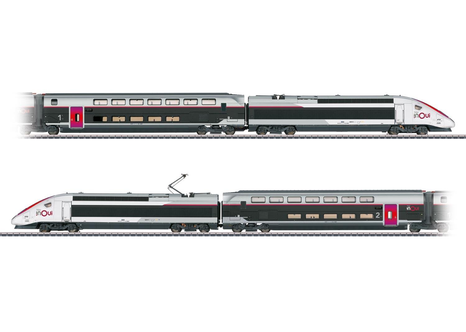Märklin 37798: treno ad alta velocità TGV INOUI Euroduplex in scala H0, motrice di testa e carrozze a due piani in livrea grigia e rossa.